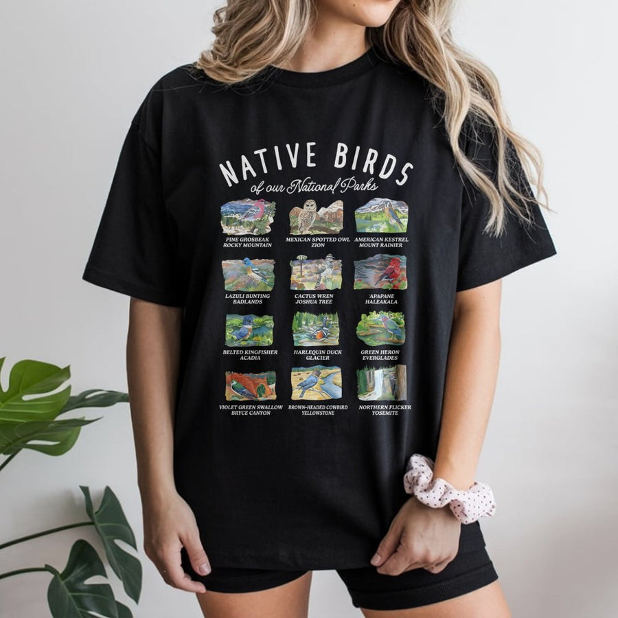 National Parks Bird T-Shirt | Native Birds Wildlife Graphic | 100% Cotton Premium Tee | Nature Lover Gift for Bird Watchers and Hikers
