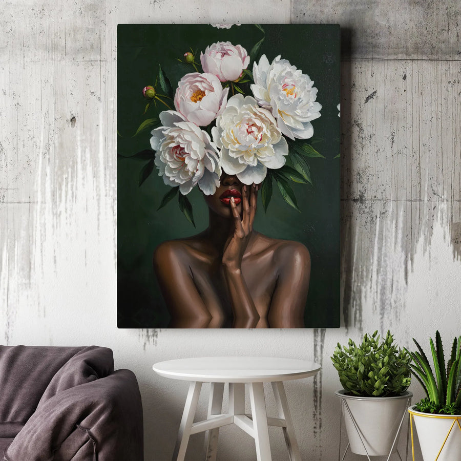 Black Woman Peony Portrait Canvas Print | Abstract Botanical Flower Face Art | Premium Gallery Wrapped Decor | Gift for Her Living Room