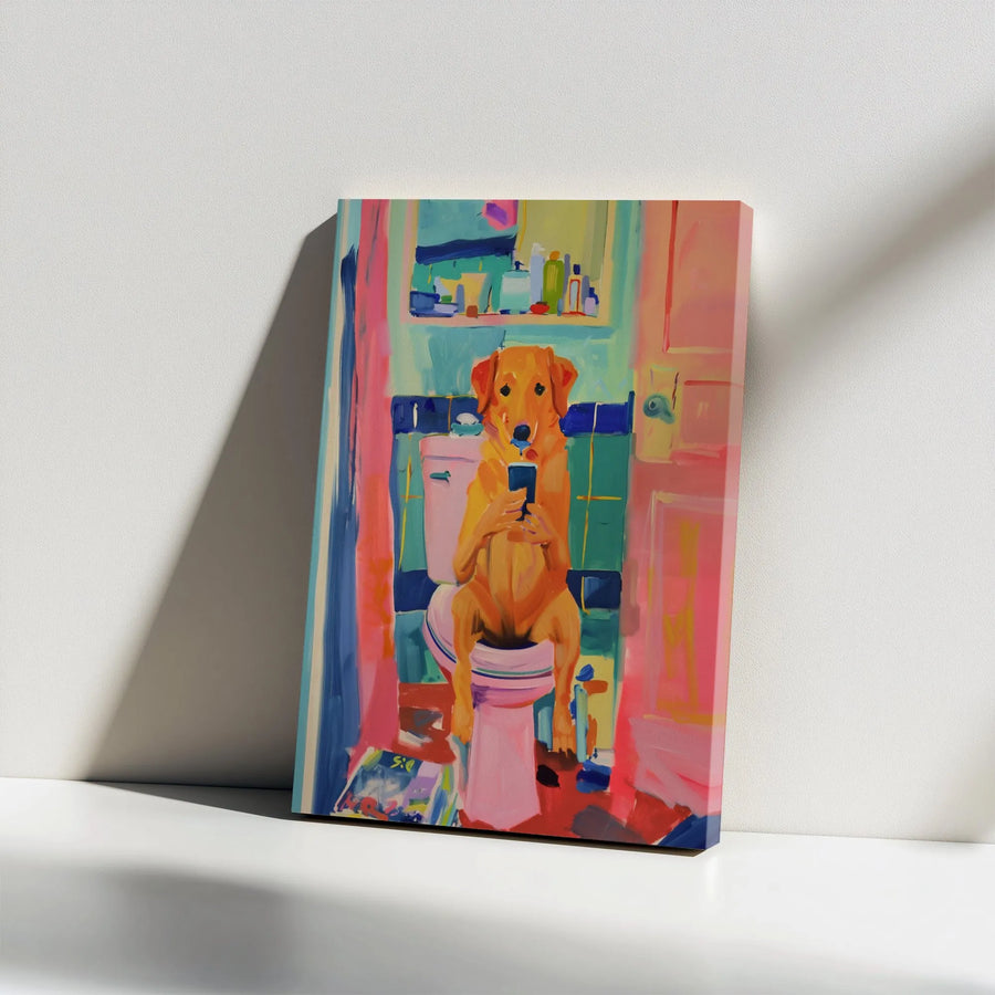 Golden Retriever Canvas Wall Art | Funny Dog Sitting on Toilet Phone Painting | Premium Gallery Wrap Print | Whimsical Bathroom Home Decor