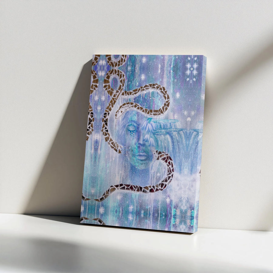 Surreal Weeping Face Canvas | Mosaic Snake Waterfall Wall Art | Premium Gallery Wrap Print | Dreamy Ethereal Home Decor for Bedroom