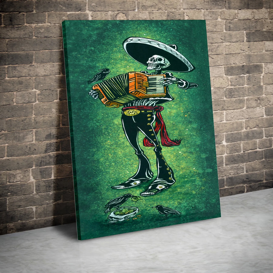 Mariachi Skeleton Canvas Wall Art | Dia De Los Muertos Accordion Player Print | Gallery Quality Thick Canvas | Unique Mexican Folk Art Home Decor Gift