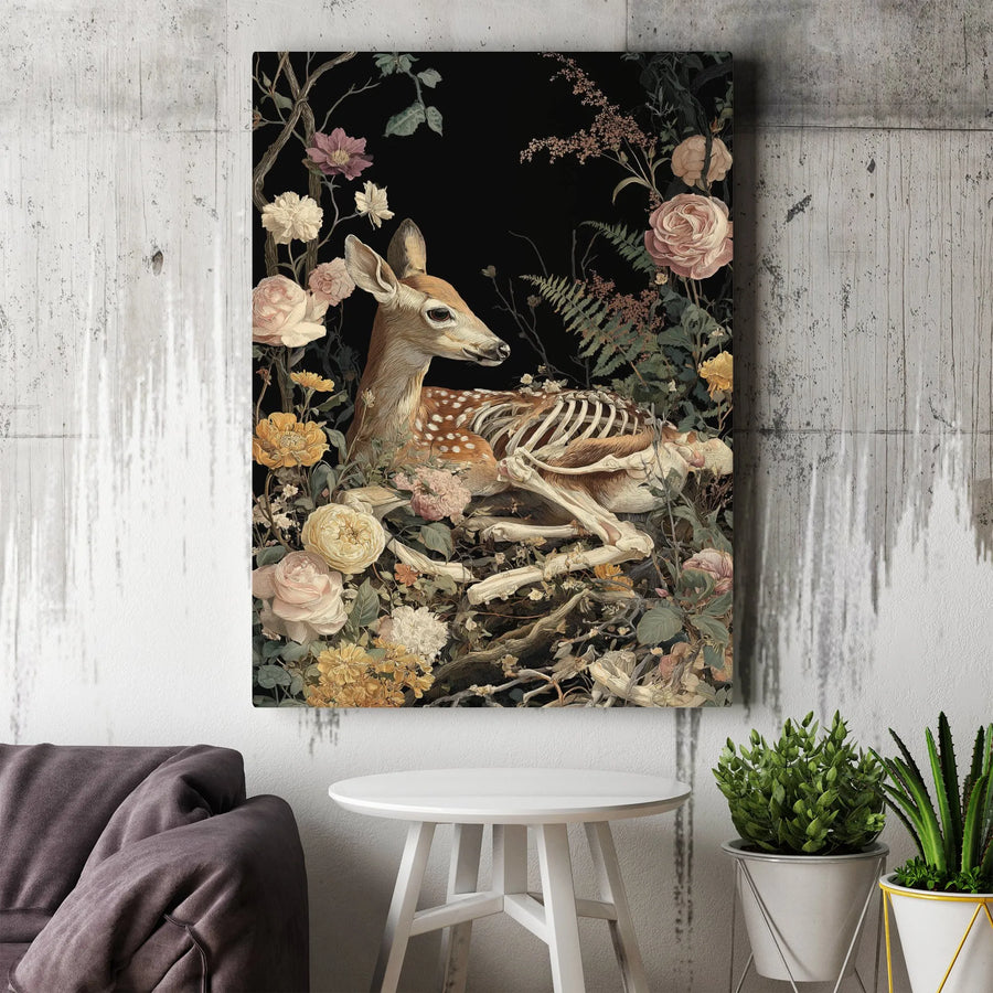Gothic Deer Skeleton Canvas Wall Art | Dark Botanical Floral Print | Premium 1.25-Inch Gallery Wrap | Moody Aesthetic Home Decor Gift