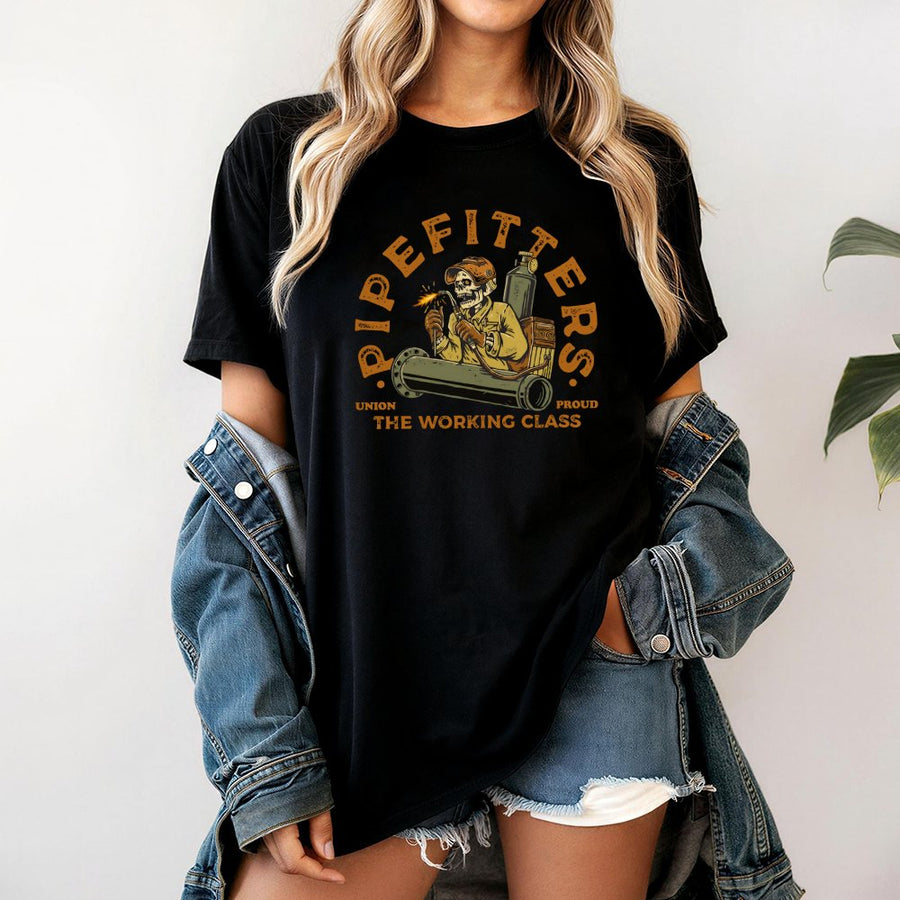 Pipefitter T-Shirt | Skeleton Welder Graphic Design | 100% Cotton Premium Tee | Union Proud Blue Collar Worker Gift