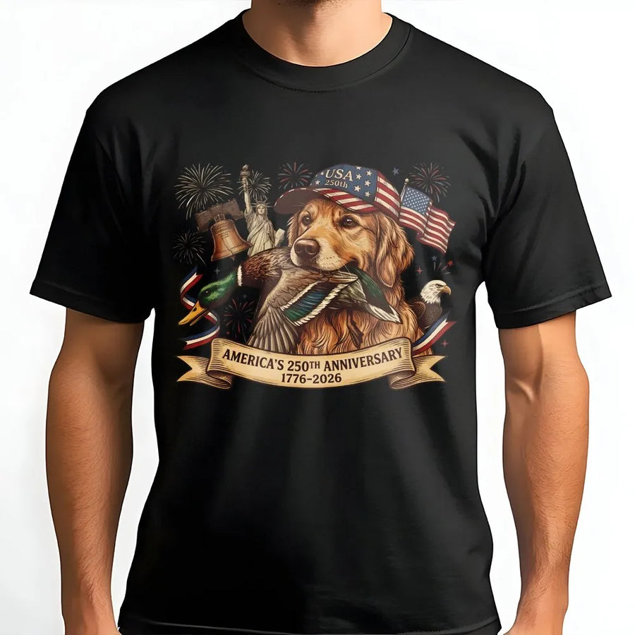 America 250th Anniversary T-Shirt | Golden Retriever Patriotic Hunting Dog | Soft Cotton Blend Sweatshirt | Commemorative USA 2026 Gift for Hunters