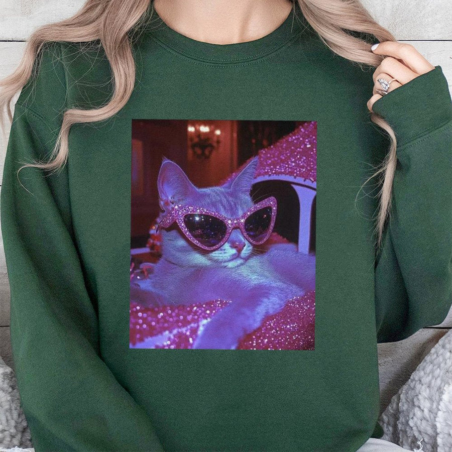 Cool Cat Sweatshirt | Pink Glitter Sunglasses Aesthetic Design | Premium Cotton Blend | Gift for Cat Lovers & Streetwear Fans