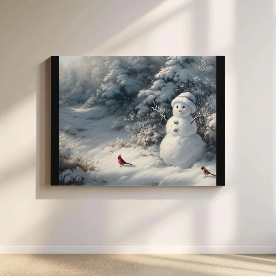 Snowman With Cardinal Canvas Wall Art | Snowy Winter Forest Scene | Premium Gallery Wrap Print | Festive Holiday Home Decor Gift