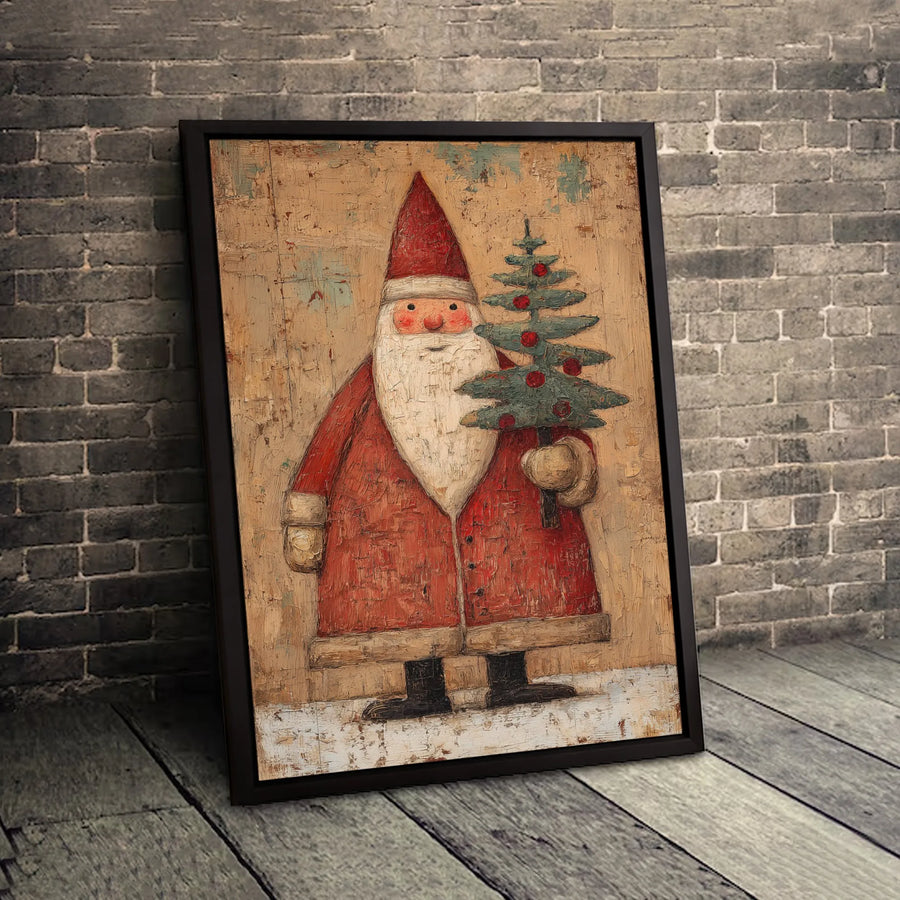 Rustic Folk Art Santa Claus Canvas | Vintage Distressed Christmas Wall Art | Gallery Wrapped Premium Print | Farmhouse Holiday Home Decor Gift
