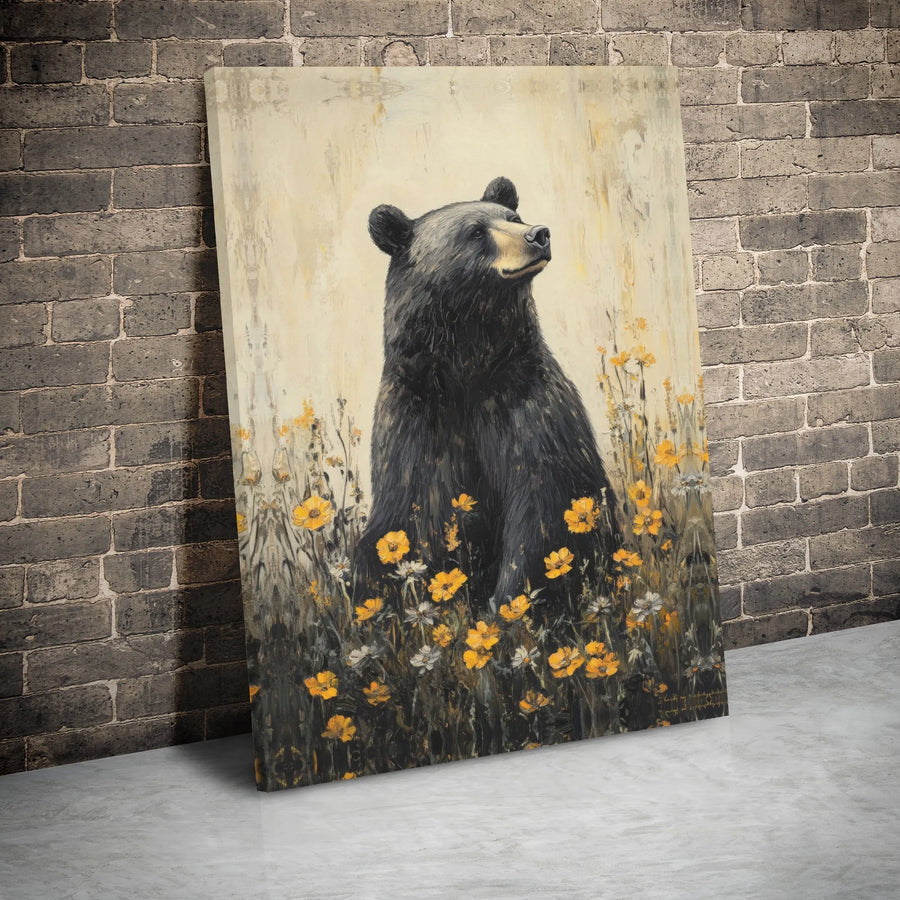 Black Bear Wall Art | Vertical Canvas Print In Wildflower Field | Premium Gallery Wrap Decor | Wildlife Nature Lover Gift