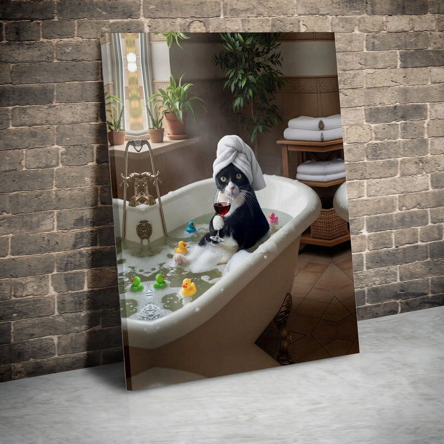 Tuxedo Cat In Bathtub Canvas Art | Funny Animal Bathroom Wall Decor | Premium Gallery Wrap Print | Whimsical Gift For Cat Lovers