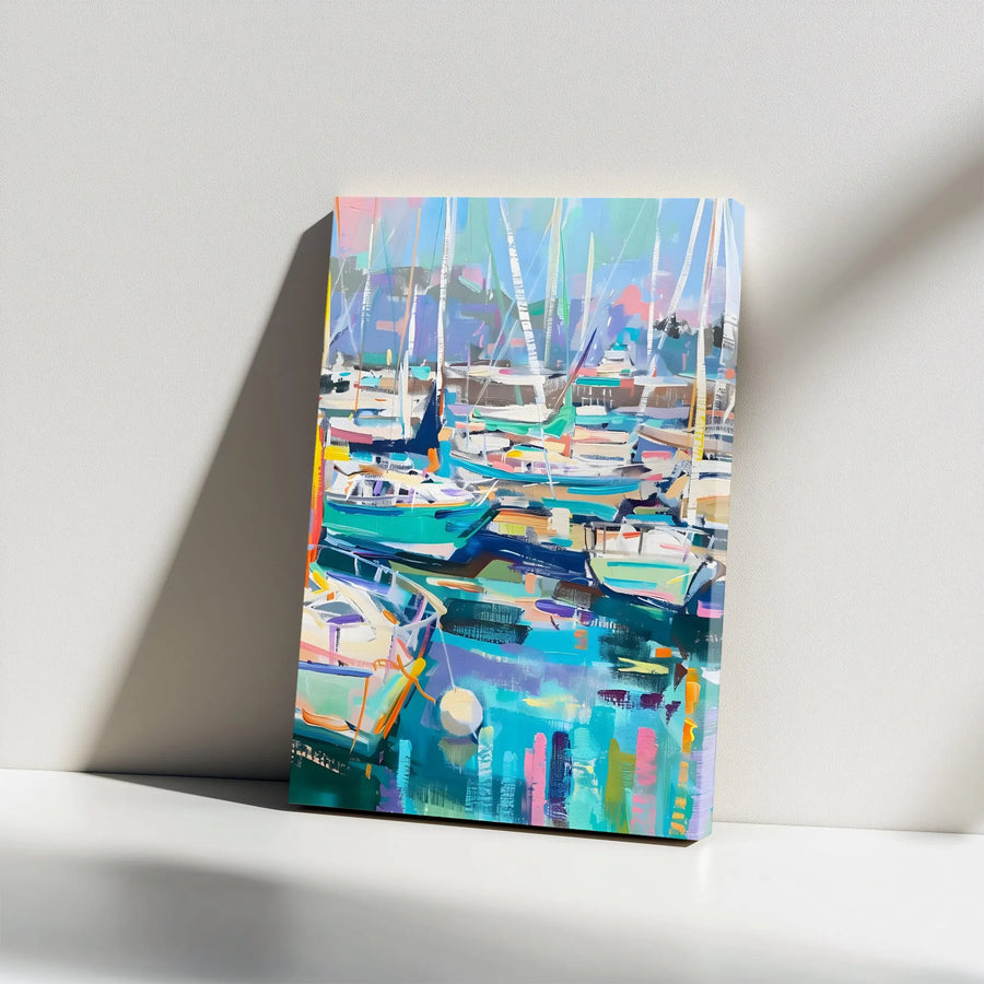 Abstract Sailboat Harbor Vertical Canvas | Vibrant Impressionist Marina Painting | Premium Gallery Wrapped Wall Art | Coastal Living Room Decor Gift