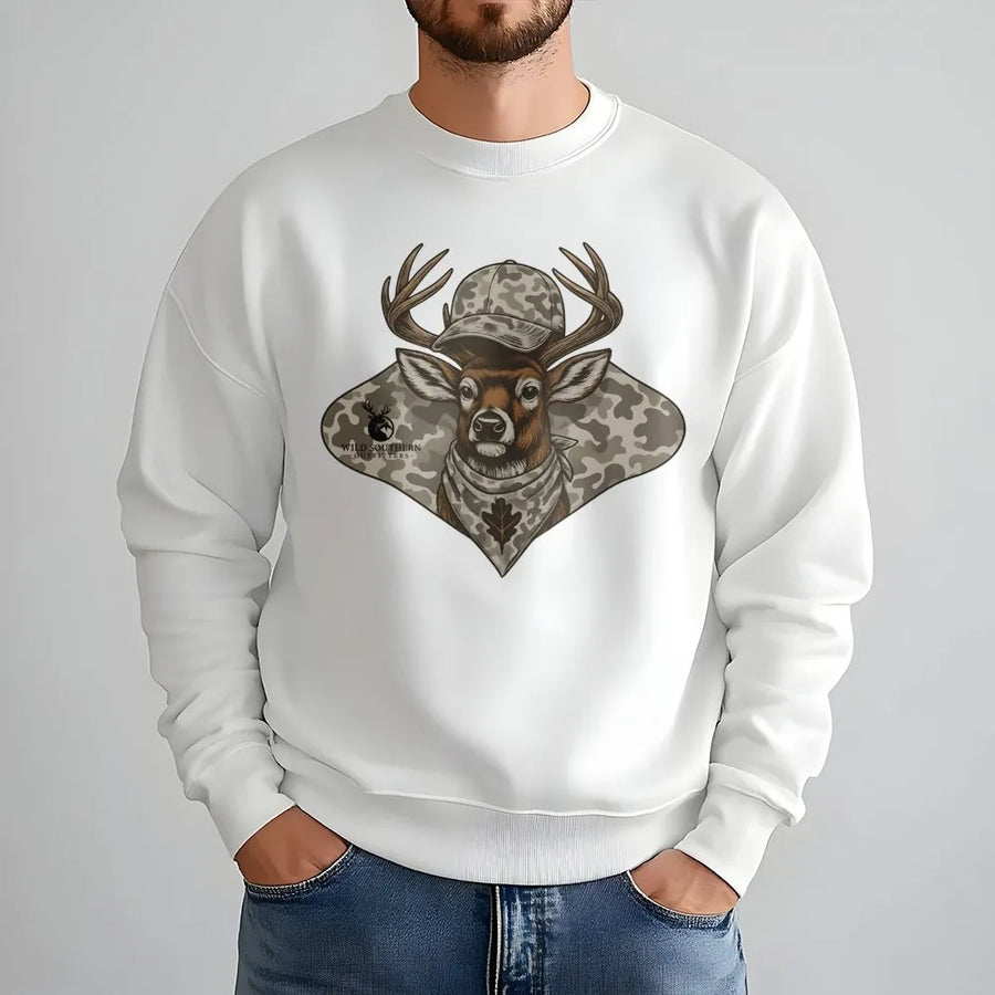 Hunting Deer Sweatshirt | Camo Cap Graphic Design | Premium Cotton Blend | Gift for Hunter Outdoor Enthusiast
