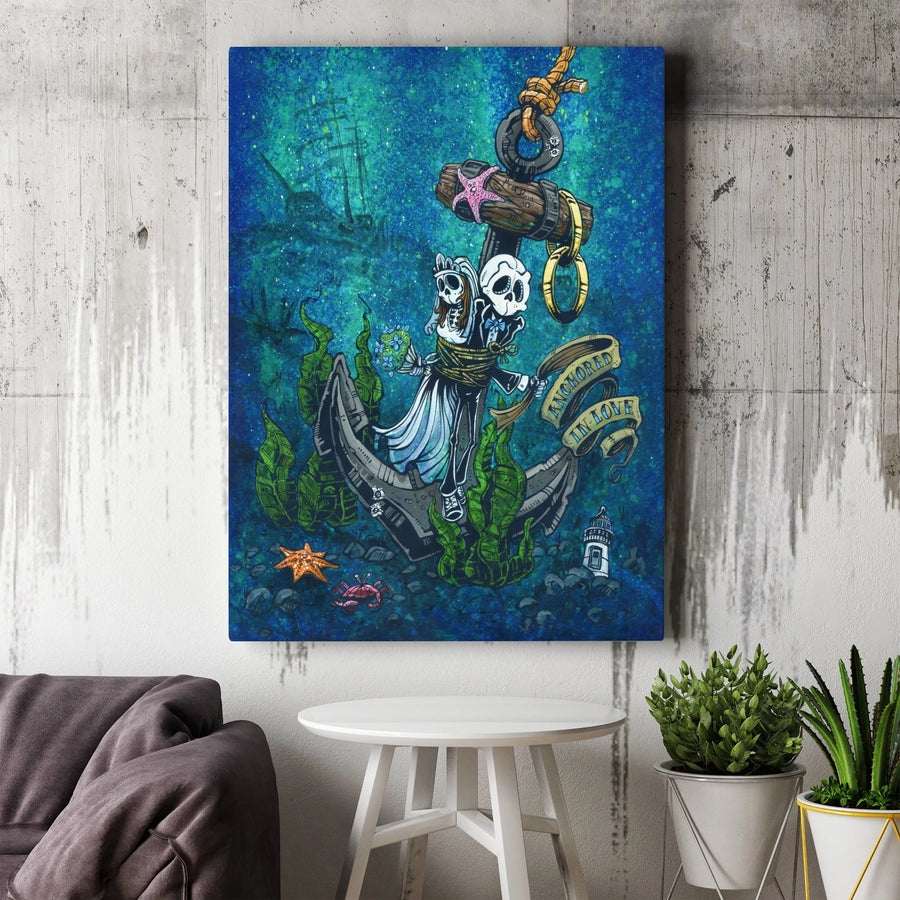Anchored in Love Canvas Print | Gothic Skeleton Bride & Groom Underwater Art | Premium Fade-Resistant Print | Nautical Wedding Anniversary Gift