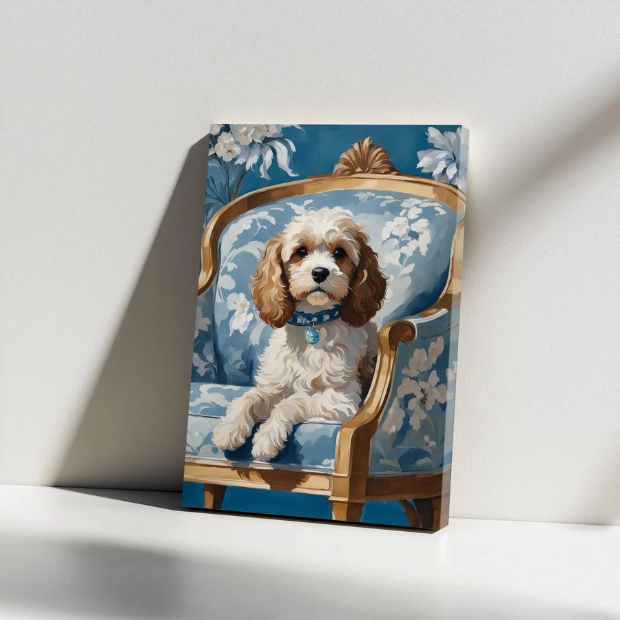 Cockapoo Dog Wall Art | Vintage Blue Floral Portrait | Gallery Wrap Premium Canvas | Gift for Doodle Dog Lovers