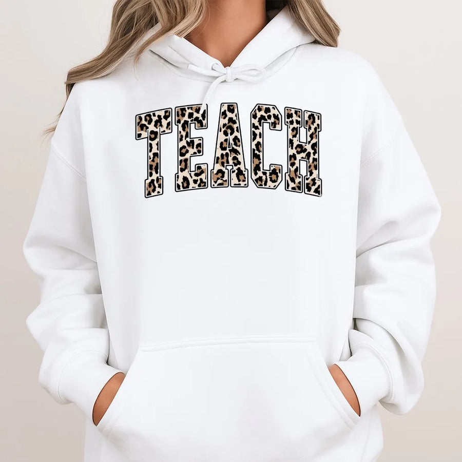 Leopard Teacher Hoodie | Trendy Animal Print Educator Graphic | Soft Cotton-Polyester Blend | Perfect Gift for School Teachers and Staff