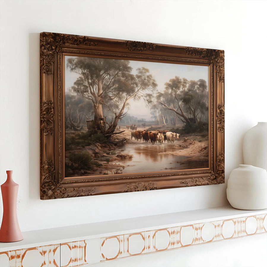 Vintage Cattle Crossing Canvas Print | Rustic Creek Landscape Painting | Premium Fade-Resistant Print | Collector's Farmhouse Wall Decor
