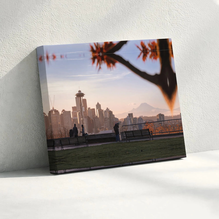 Seattle Skyline Canvas Print | Space Needle and Mount Rainier View at Sunrise | Premium Gallery Wrapped Art | Pacific Northwest Home Decor Gift