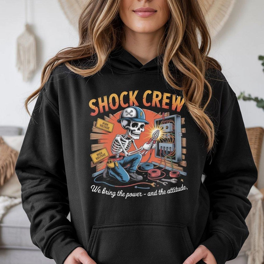 Shock Crew Electrician Hoodie | Skeleton Lineman Graphic Design | Premium Cotton-Poly Blend | Funny Gift for Electrical Tradesmen & Linemen