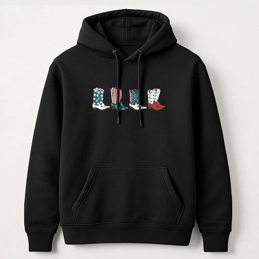 Patriotic Cowgirl Hoodie | American Flag Cowboy Boots Graphic | Soft Cotton Blend | 4th of July USA Gift for Women