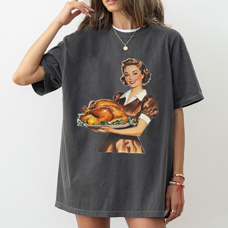 Retro Thanksgiving T-Shirt | 1950s Vintage Style Turkey Dinner Graphic | 100% Cotton Premium Tee | Funny Fall Holiday Gift for Women & Men