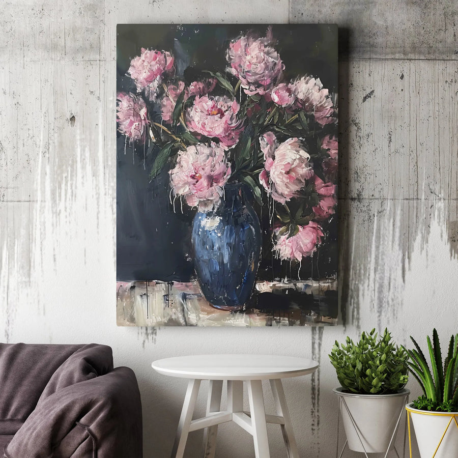 Pink Peony Flower Canvas Art | Still Life Floral Painting in Blue Vase | Premium Gallery Wrapped Decor | Moody Botanical Wall Art Gift