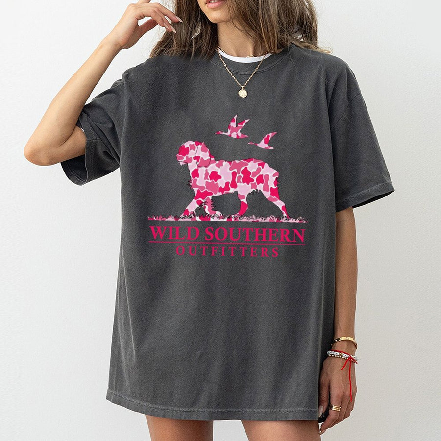 Boykin Spaniel Hunting Dog T-Shirt | Pink Camo Duck Design | 100% Cotton Premium Tee | Outdoor Gift for Women & Girls Who Love Country Life