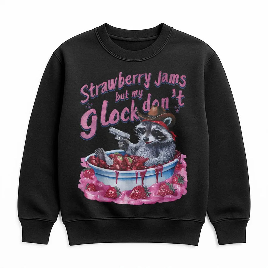Funny Raccoon Sweatshirt | Strawberry Jams Glock Don't Cowboy Design | Premium Cotton Blend | Quirky Gift for Animal Lovers and Meme Fans