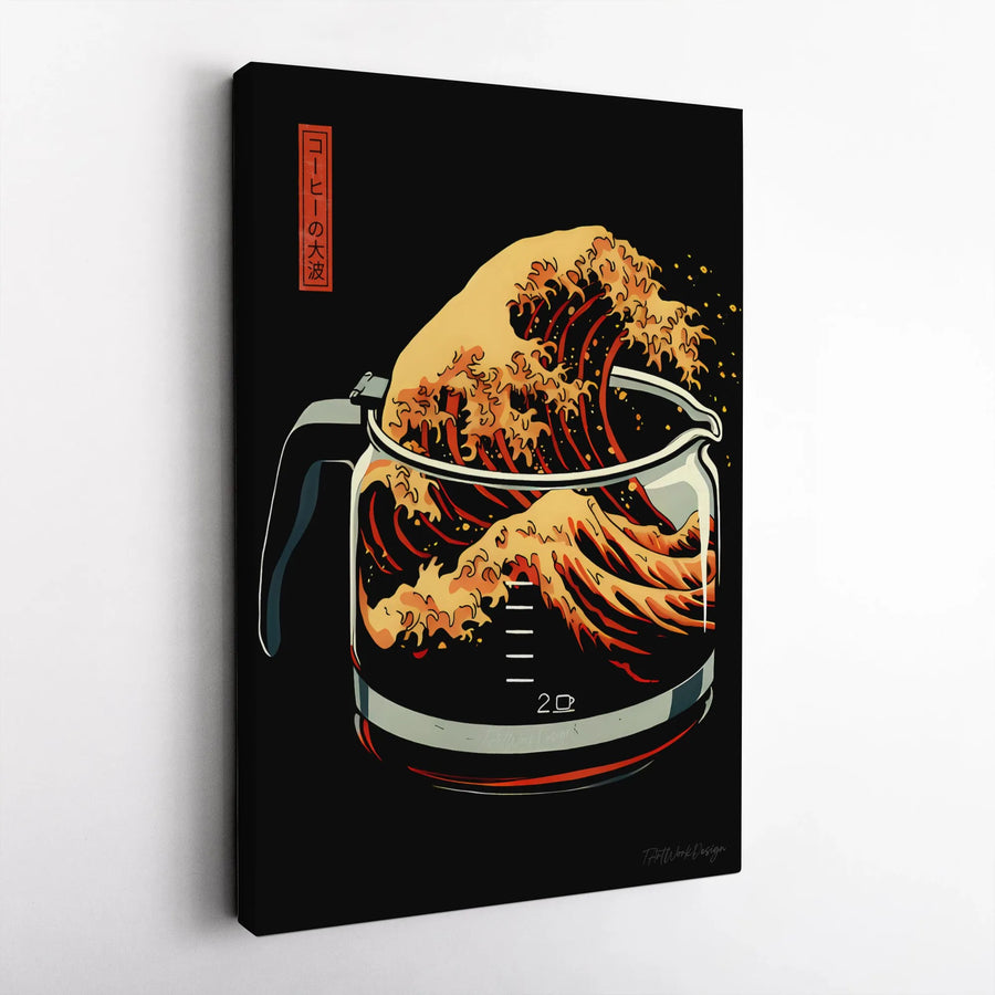 Japanese Great Wave Coffee Pot Canvas Art | Hokusai Inspired Wall Decor | Gallery-Wrapped Premium Print | Unique Kitchen & Coffee Bar Gift