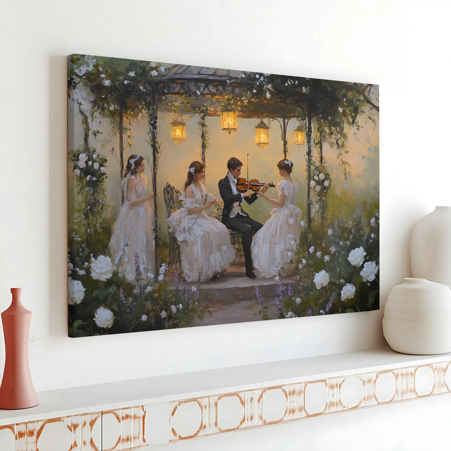 Romantic Garden Violin Canvas Wall Art | Impressionist Musical Couple Print | Premium Gallery Wrap Decor | Elegant Home Gift for Music Lovers