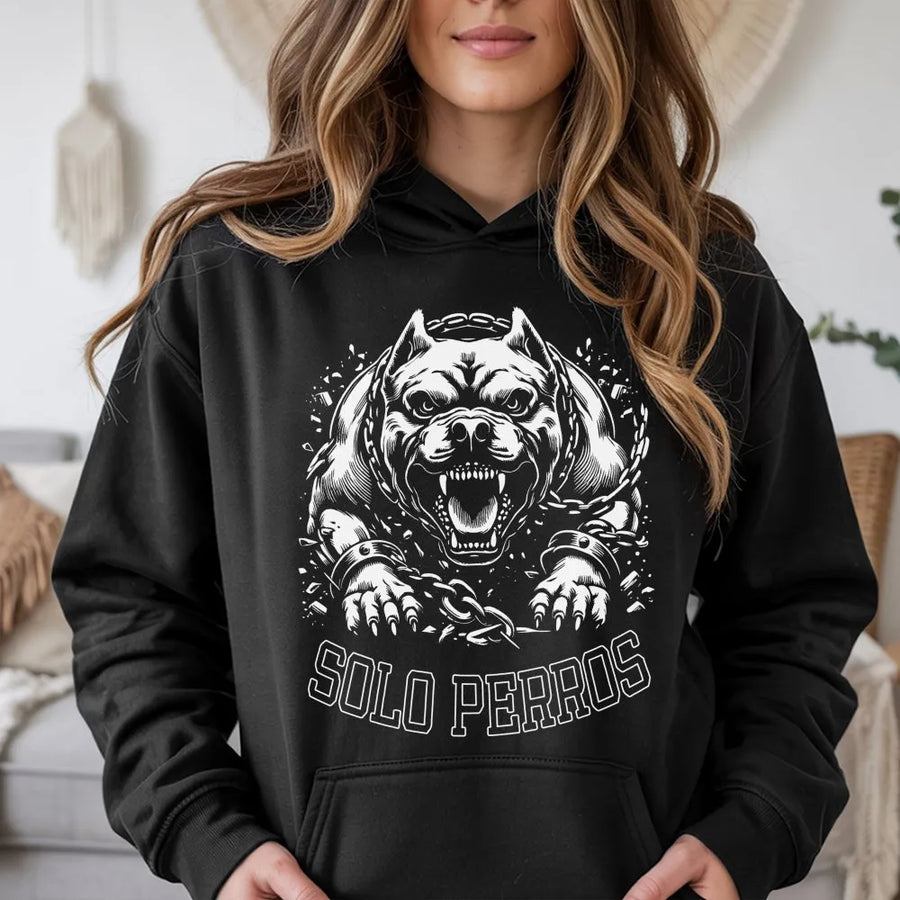Solo Perros Pitbull Hoodie | Angry Dog Chain Graphic Streetwear | Premium Cotton Blend | Edgy Chicano Urban Fashion Gift For Men And Women