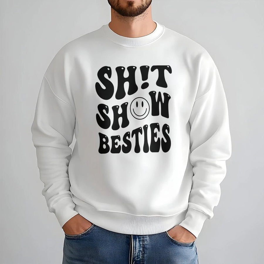 Shit Show Besties Sweatshirt | Retro Smiley Face Graphic | Premium Cotton Blend | Funny Matching Best Friend Gift for Her