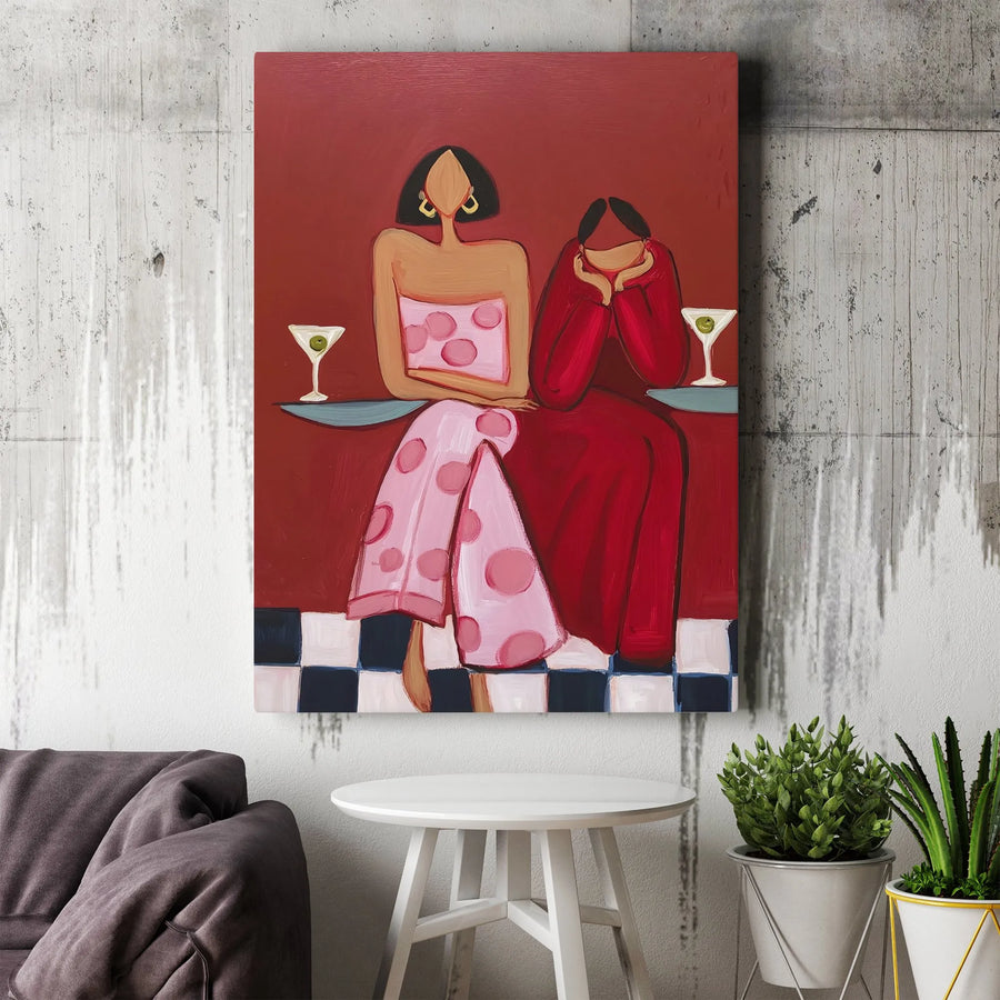 Abstract Women Canvas Wall Art | Modern Two Women with Martinis Print | Premium Gallery Wrapped Canvas | Chic Bar Cart & Living Room Decor Gift
