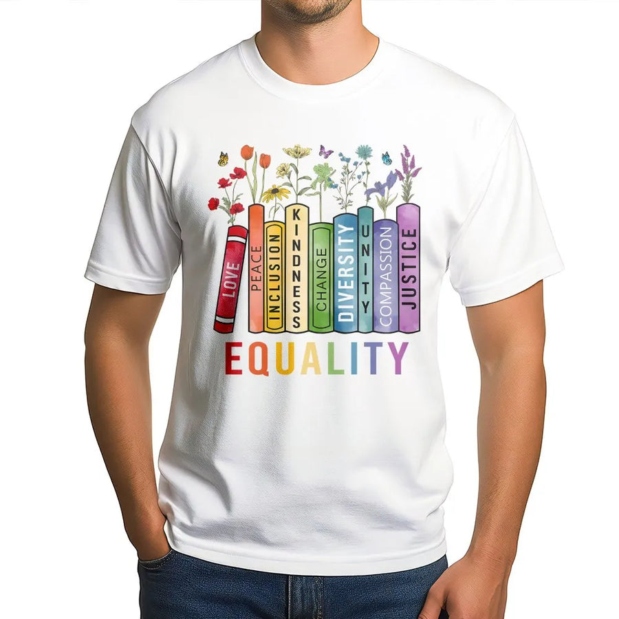 Equality T-Shirt | Social Justice Bookshelf Floral Design | Premium Cotton Blend | Human Rights Activist Gift