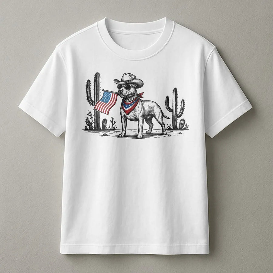 Patriotic Cowboy Dog T-Shirt | American Flag Pitbull Graphic | Premium Cotton-Blend Pullover | 4th of July Gift for Dog Lovers