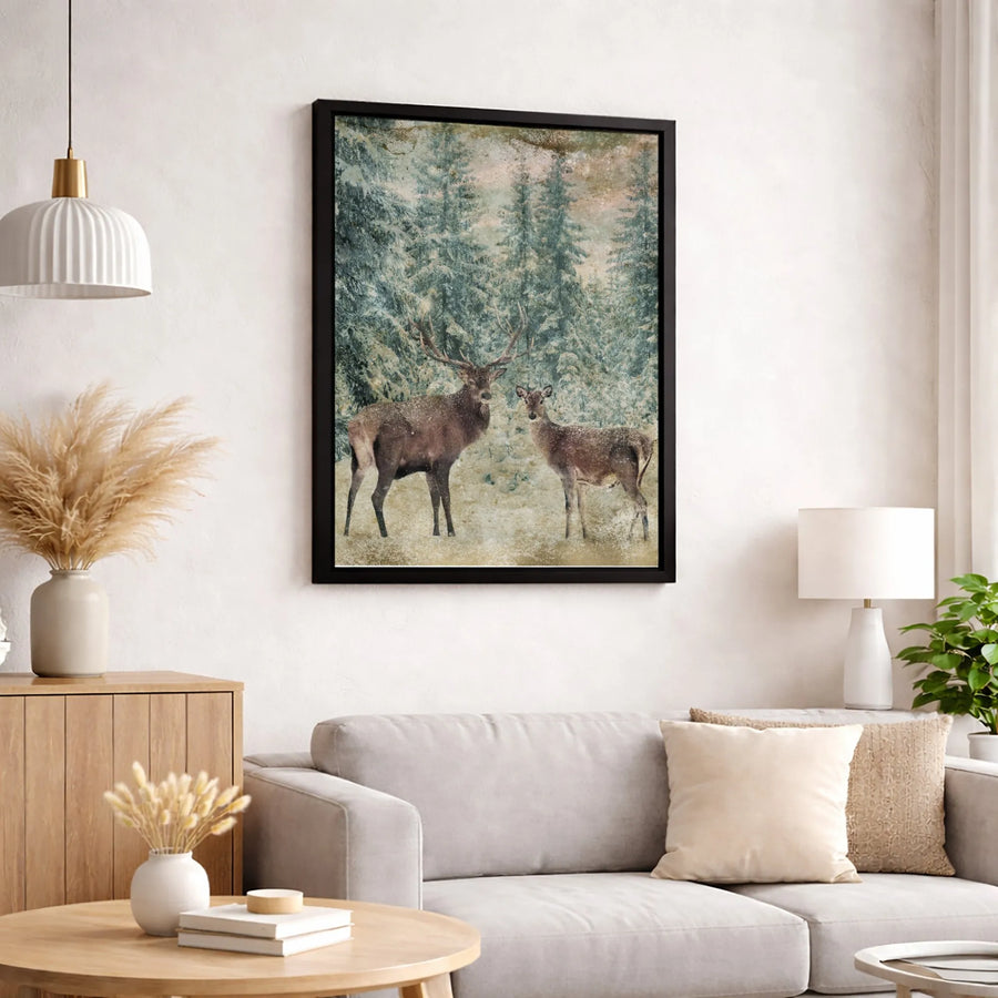 Winter Stag and Doe Canvas Wall Art | Snowy Forest Wildlife Print | Gallery-Quality 1.25-Inch Frame | Rustic Cabin Decor Gift