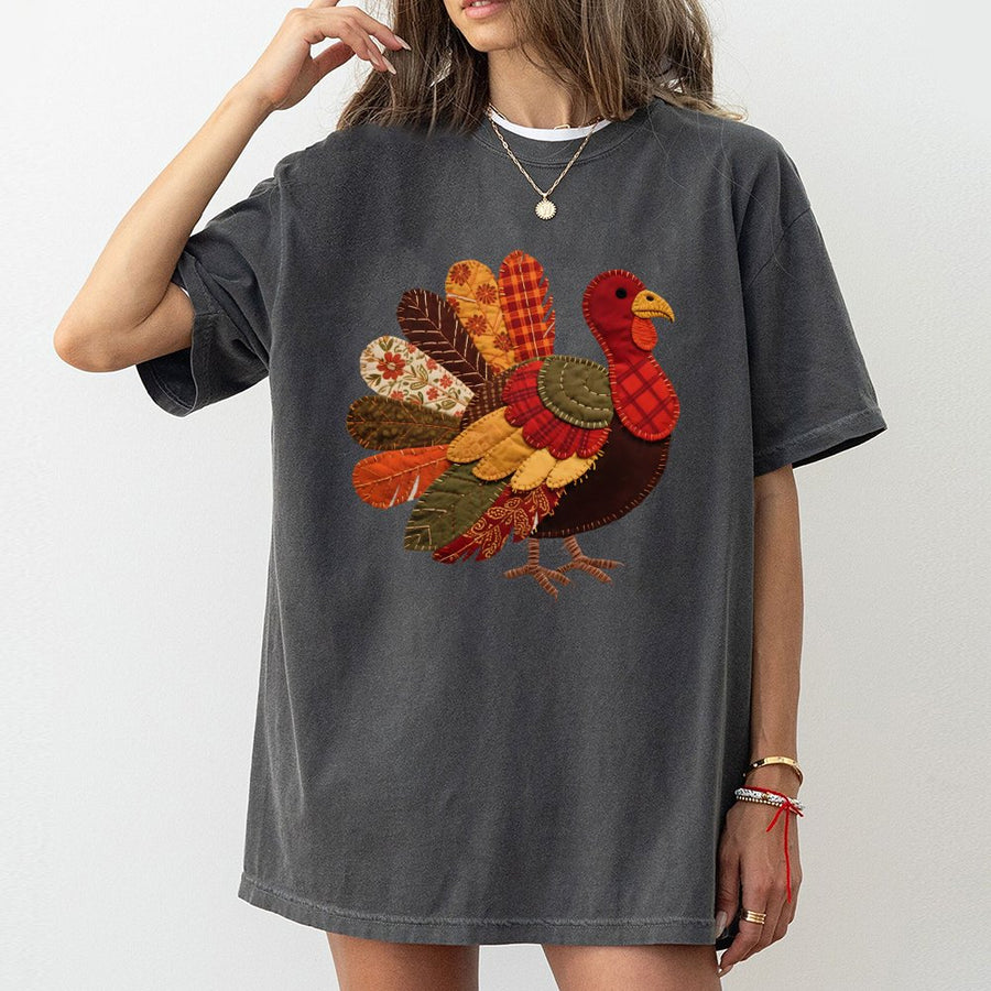 Patchwork Turkey Thanksgiving T-Shirt | Faux Embroidery Fall Design | 100% Cotton Premium Tee | Cute Harvest Holiday Gift for Women & Men