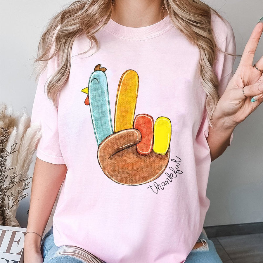 Thankful Turkey Peace Sign T-Shirt | Retro Boho Thanksgiving Graphic | 100% Cotton Premium Quality | Fun Fall Holiday Gift for Women and Men