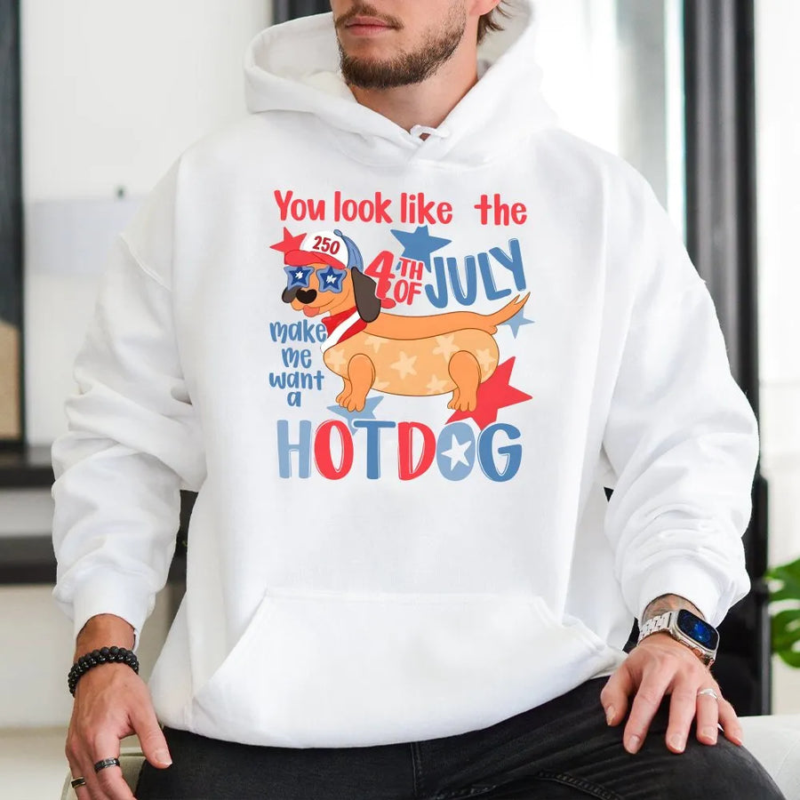 Funny 4th of July Hoodie | Patriotic Dachshund Hot Dog Pun Graphic | Soft Cotton-Poly Blend | Unisex Independence Day Gift for Dog Lovers