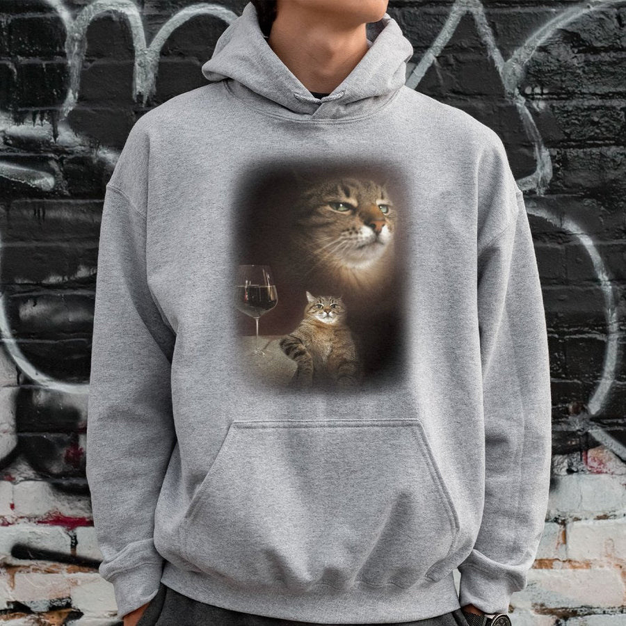 Funny Cat Meme Hoodie | Wine Drinking Tabby Graphic | Soft Cotton Blend Sweatshirt | Unique Gift for Cat Lovers and Humorous Aesthetic Fans