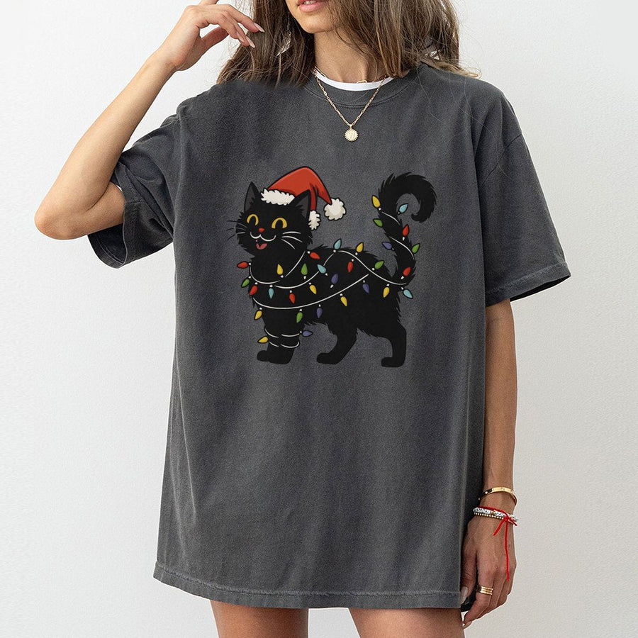 Black Cat Christmas T-Shirt | Festive Santa Hat and String Lights Design | 100% Soft Cotton Premium Tee | Cute Holiday Gift for Cat Lovers