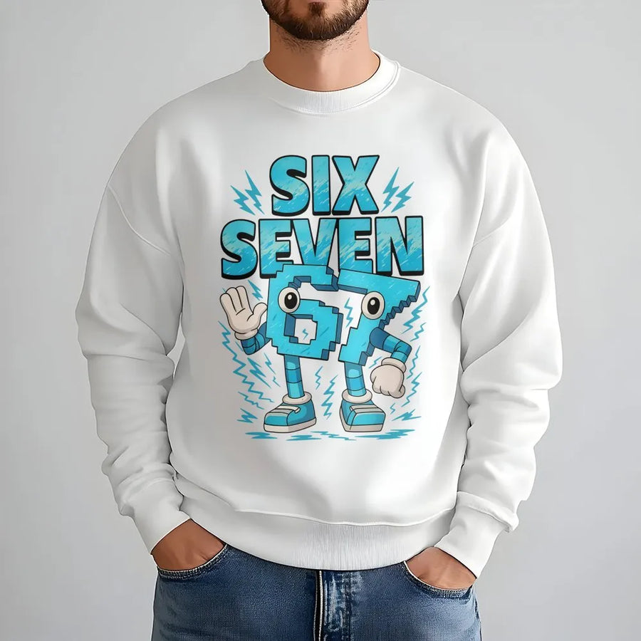 Number 67 Character Sweatshirt | Funny Cartoon Graphic Tee | Premium Cotton Blend Unisex Crewneck | Retro Gamer Aesthetic Birthday Gift