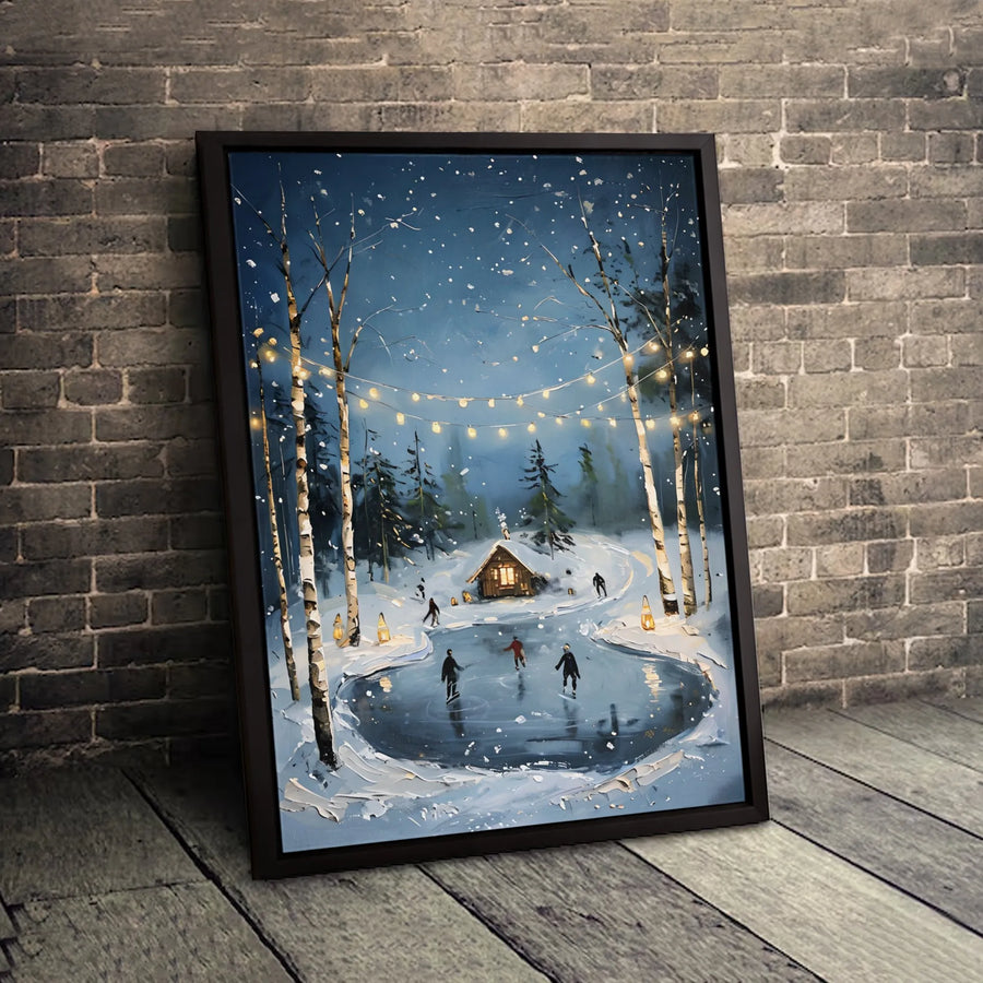 Winter Ice Skating Canvas Art | Snowy Cabin With Fairy Lights | Premium Gallery Wrapped Wall Decor | Cozy Christmas Home Decor Gift