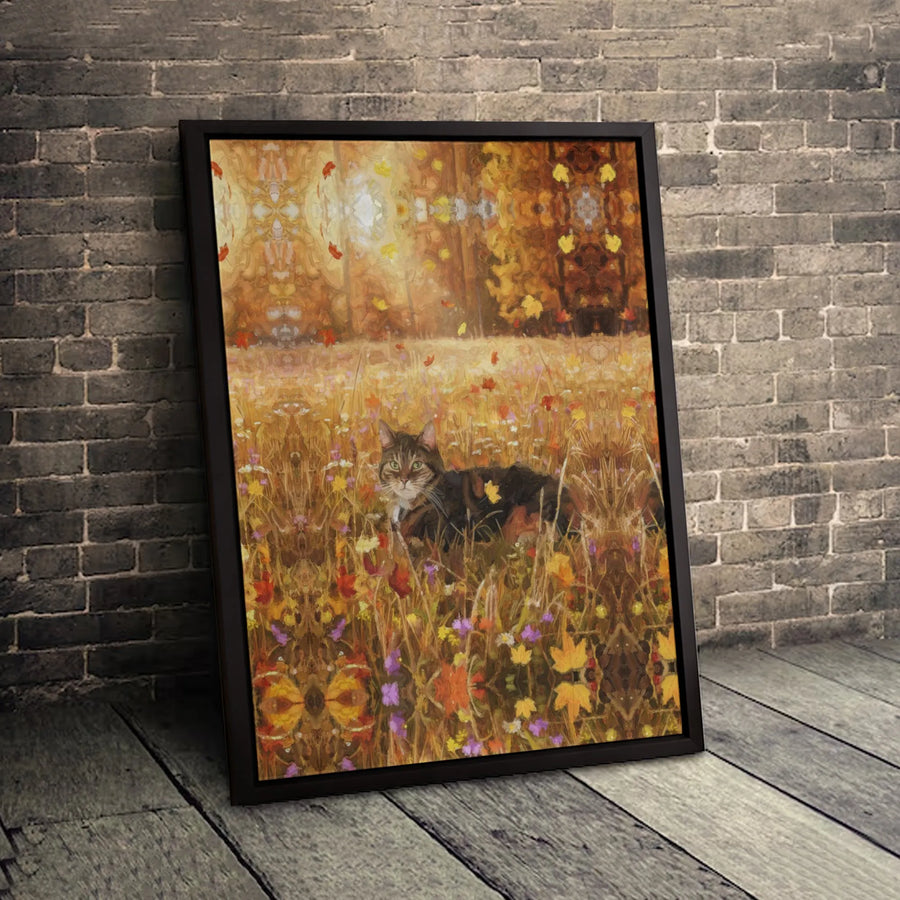 Tabby Cat Canvas Wall Art | Impressionist Autumn Meadow Landscape | Premium Fade-Resistant Gallery Wrap | Cozy Fall Home Decor Gift
