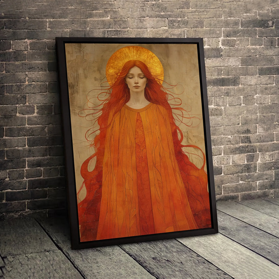 Sacred Feminine Canvas Wall Art | Red-Haired Goddess With Golden Halo | Premium Fade-Resistant Gallery Wrap | Spiritual Home Decor Gift