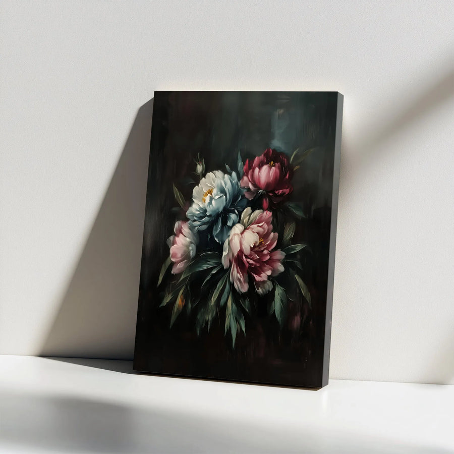 Dark Floral Peony Canvas Wall Art | Moody Botanical Oil Painting Style | Premium Gallery Wrapped Canvas | Dark Academia Home Decor Gift