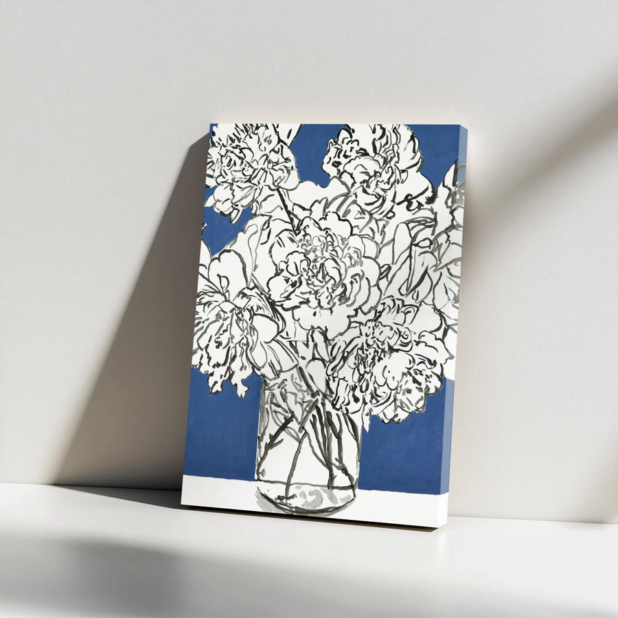 Abstract Floral Canvas Art | Blue and White Peony Sketch | Premium 1.25" Thick Gallery Print | Modern Botanical Home Decor Gift