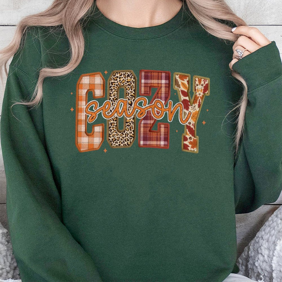 Cozy Season Sweatshirt | Fall Plaid and Leopard Print Graphic | Premium Cotton Blend | Gift for Women and Fall Fashion Lovers