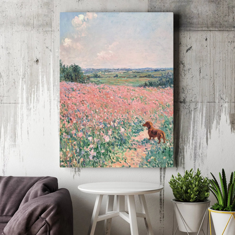 Dachshund Canvas Wall Art | Impressionist Flower Field Oil Painting Style | 1.25-Inch Gallery Wrap Premium Canvas | Dog Lover Gift Home Decor