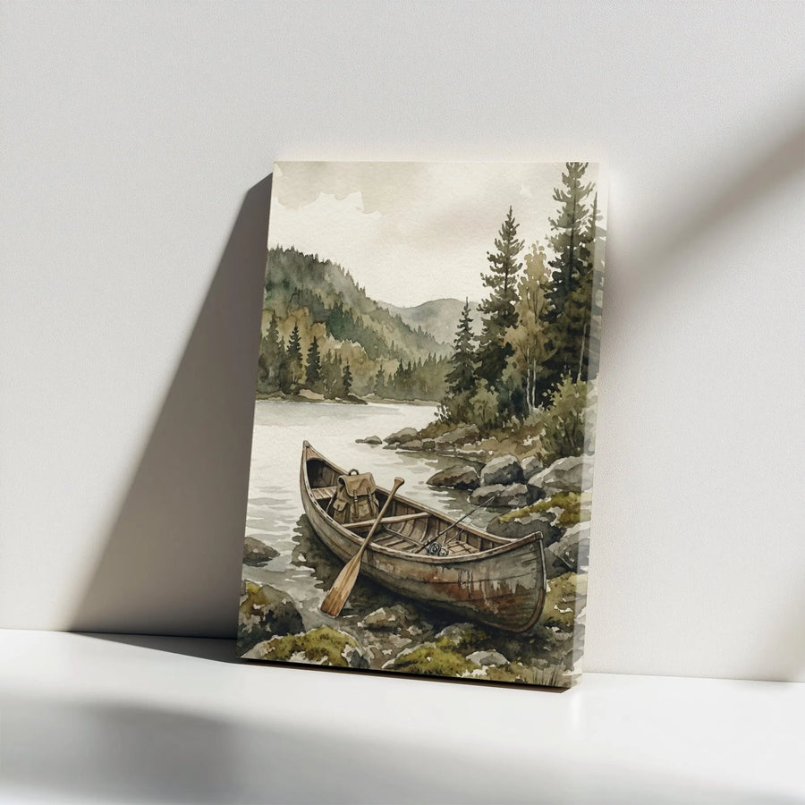 Canoe on Lake Canvas Wall Art | Watercolor Landscape Painting | Premium Canvas Print | Rustic Cabin Decor Gift for Outdoorsman