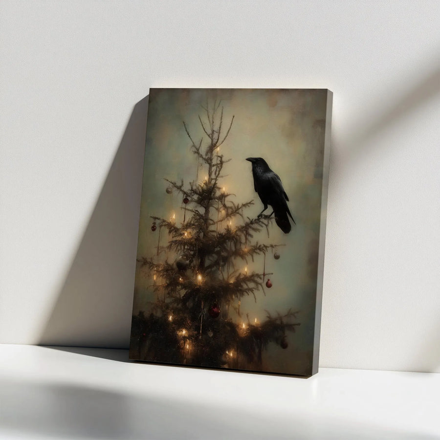 Gothic Raven Christmas Canvas Wall Art | Moody Dark Holiday Decor | Premium Stretched Gallery Wrap | Unique Alternative Winter Gift