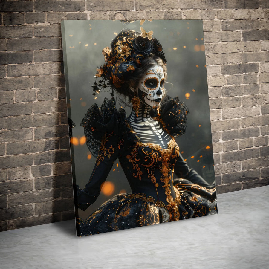 Day of the Dead Canvas Wall Art | Elegant Sugar Skull Woman in Black and Gold | Premium Gallery-Wrapped Print | Gothic Home Decor Gift